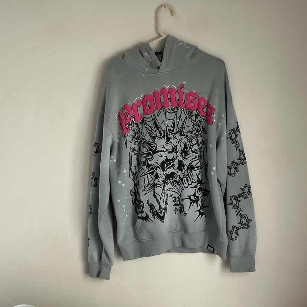 Graphic Cowl Hoodie Sweatshirt - Light Gray with Pink Accent